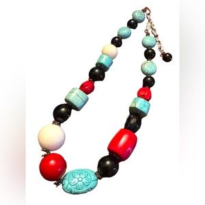 Lovely Handmade Sterling silver coral turquoise black onyx statement necklace